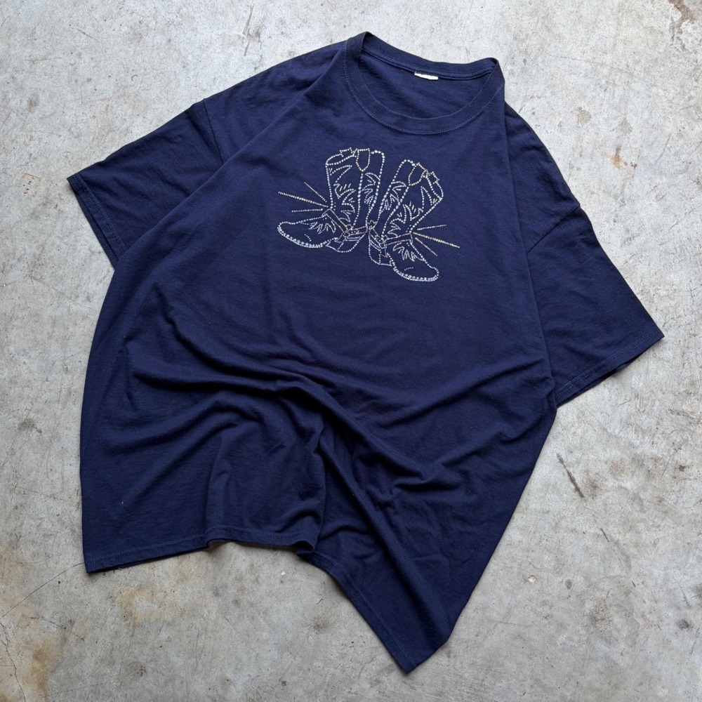 Vintage Navy Blue Rhinestone Cowboy Boot Graphic T-Shirt Western Studded Tee